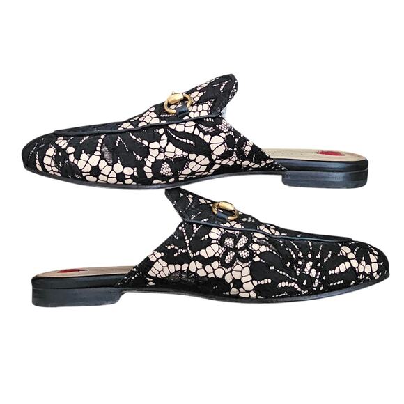 Gucci Princetown Horsebit Mule Flat Size 38 US 8 Black Lace Beige Gold Slip On - Picture 4 of 9